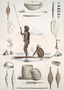 アボリジニの住民：1847年に出版された「南オーストラリアのイラスト」から（手書きの彫刻） 作： George French Angas